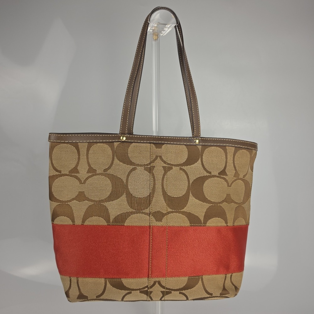 Coach Signature Stripe Tote 12429 Khaki Vermillion Coral Red